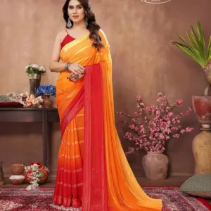 Embellished, Self Design, Ombre, Dyed Bollywood Satin Saree  (Red, Orange)