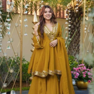 mahakali Women Mustard Anarkali Kurta Set with Dupatta Mirror Work Party Wear Embellished Kurta, Sharara & Dupatta Set
